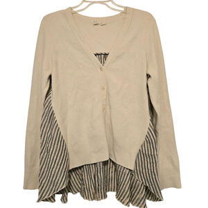 Sz Lg MOTH ANTHROPOLOGIE Mixed Media Cream Pinstripe Ticking Cardigan Sweater
